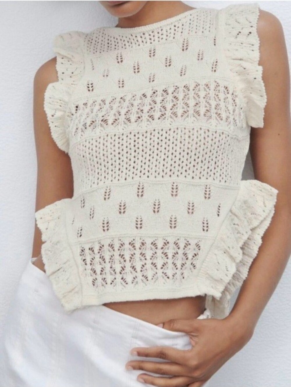 Zara Cream Openwork Knit Ruffle-Edge Top